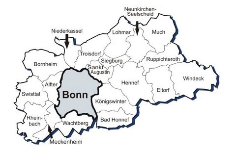 Karte des Bezirks der IHK Bonn/Rhein-Sieg