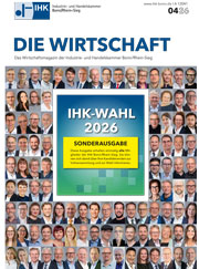 Titelbild des IHK-Magazins. Das Cover zeigt Miniaturfotos aller 104 Kandidierenden der IHK-Vollversammlungswahl 2026 und weißt in einem gelben Kasten in der Mitte darauf hin, dass es sich hier um eine Sonderausgabe handelt.