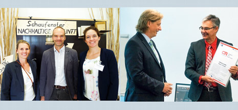 Linkes Bild: Mirjam Gawellek (l.) und Sabina Stüber (r.) mit Prof. Dr. Ralf Pude; rechtes Bild: CSR-Koordinator Michael Pieck (r.) ernennt Stephan Multhaupt zum CSR-Botschafter Linkes Bild: Mirjam Gawellek (l.) und Sabina Stüber (r.) mit Prof. Dr. Ralf Pude; rechtes Bild: CSR-Koordinator Michael Pieck (r.) ernennt Stephan Multhaupt zum CSR-Botschafter