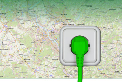 Teilausschnitt einer Landkarte des IHK Bezirks Bonn/Rhein-Sieg, in der ein grüner Stecker steckt